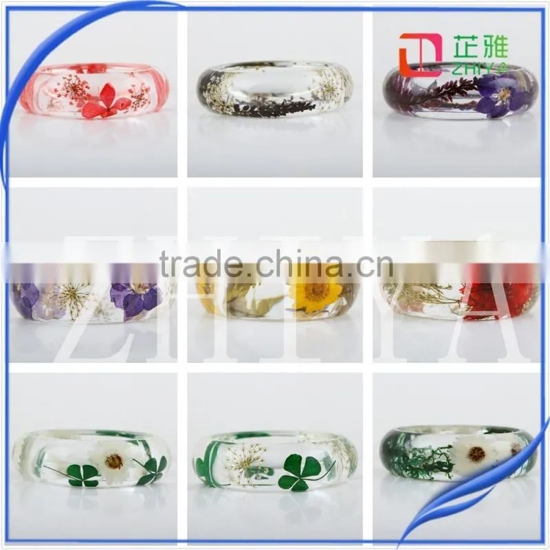 ZHIYA 2016 Series Fashion Clear Resin Bangle cloud effect with Real Dried Yellow chrysanthemum Flowers Gold foil
