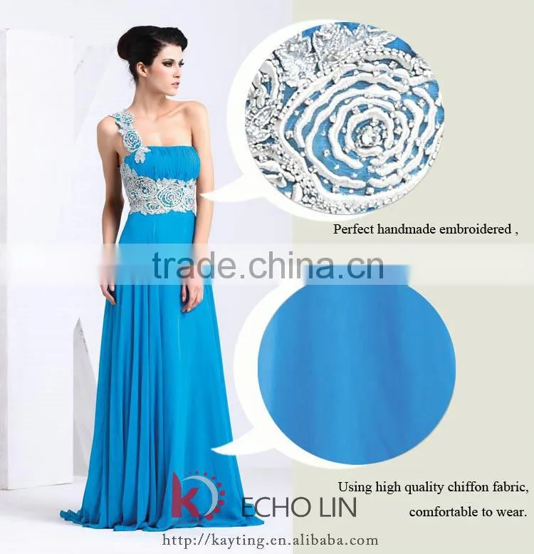 Sexy backless one-shoulder ruffle embroidered blue crystal dress