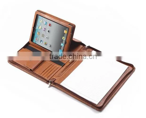 High quality leather document portfolio folder with holder for tablet and mobile phone