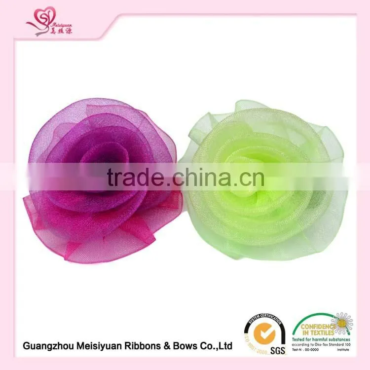 Wholesales chiffon rose perfume bottle decoration satin ribbon flowers with elastic loop