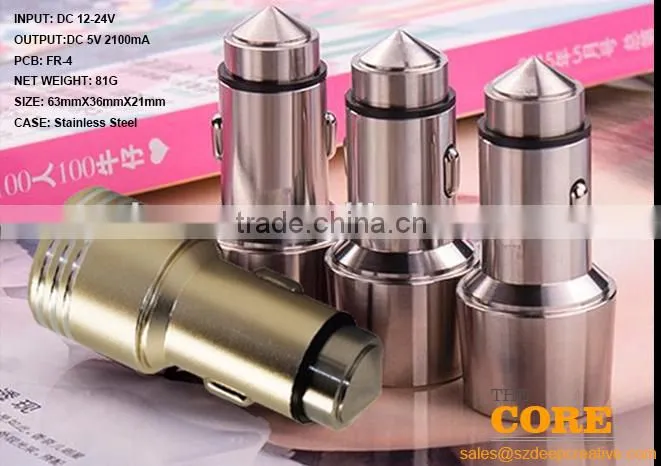 I2 two USB port car charger,2 port car charger,cheap car usb charger,metal car charger, stainless steel auto charger