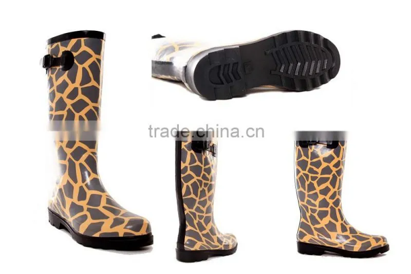 Leopard printed women's boots,cheap rubber boots,boots with buckle