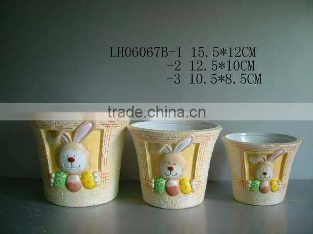 3pcs round rabbit emboss ceramic planter pots