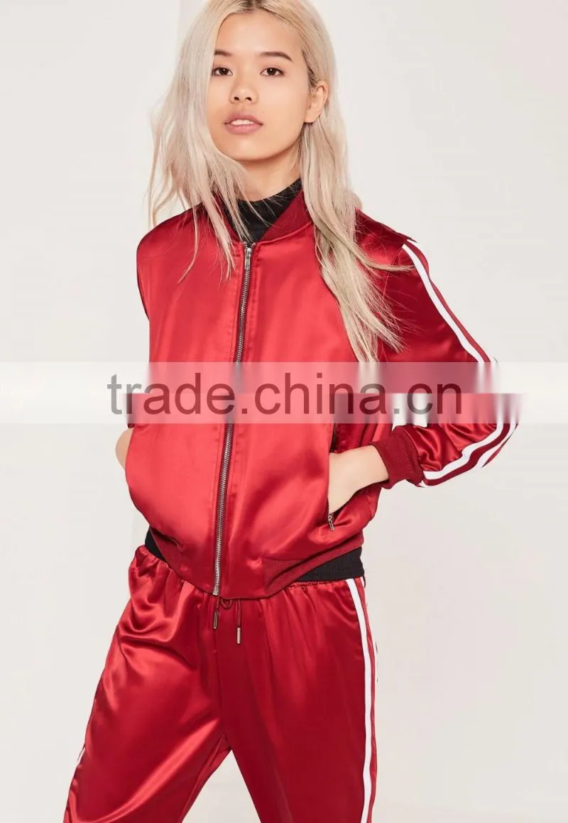 High Quality Custom Silk Flare Red Stripe Panel Satin Bomber Jacket Women Sports Gym Running Active Wear Clothing Set