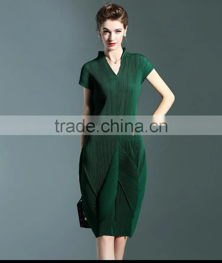 Solid colors women draped V neck lantern dresses with short sleeve