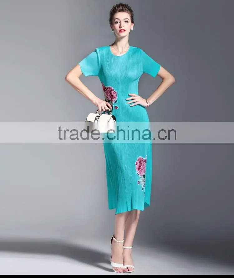 Bodice flower printing OL fashion draped women slim dresss
