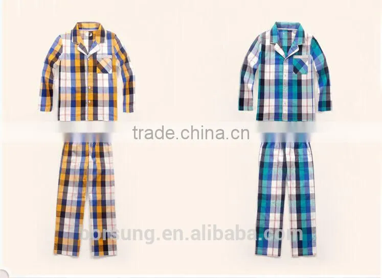 2015 top fashion 100% cotton home Lattice sleepwear spring summer long sleeve Turn-down Collar kids pajamas