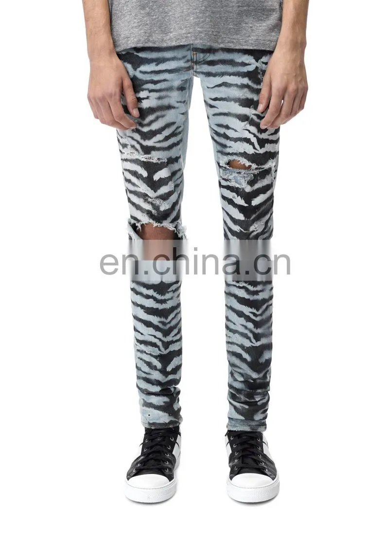 DiZNEW Tiger Pattern Destruction Skinny Denim Jeans Men for Male