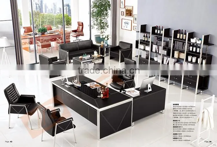 Luxury modern glass top office table design black leather veneer stainless steel frame executive office table and desk