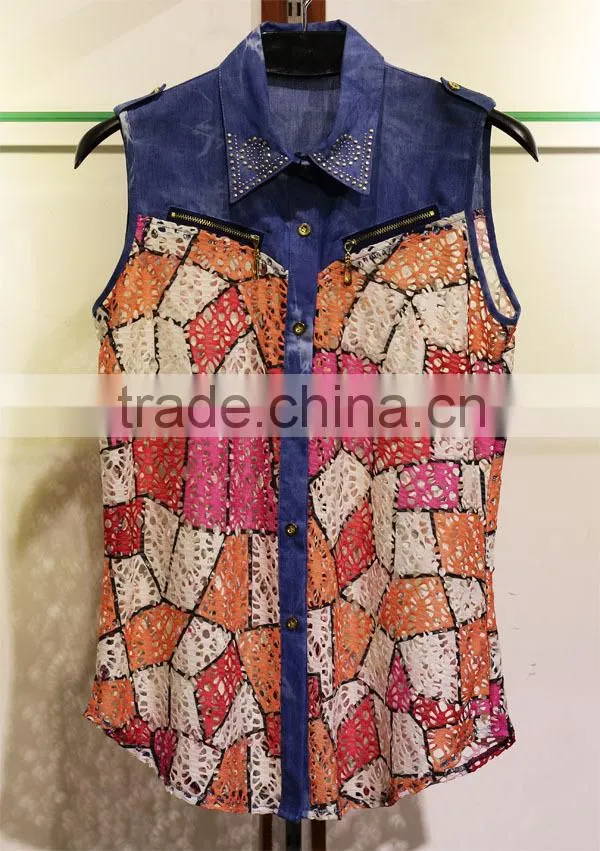 Hollowed-out sleeveless tops with colorful tetragonum for women
