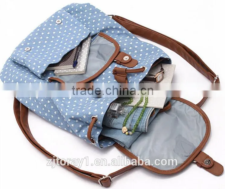 cotton canvas backpack travel bag school bag blue heart dotted