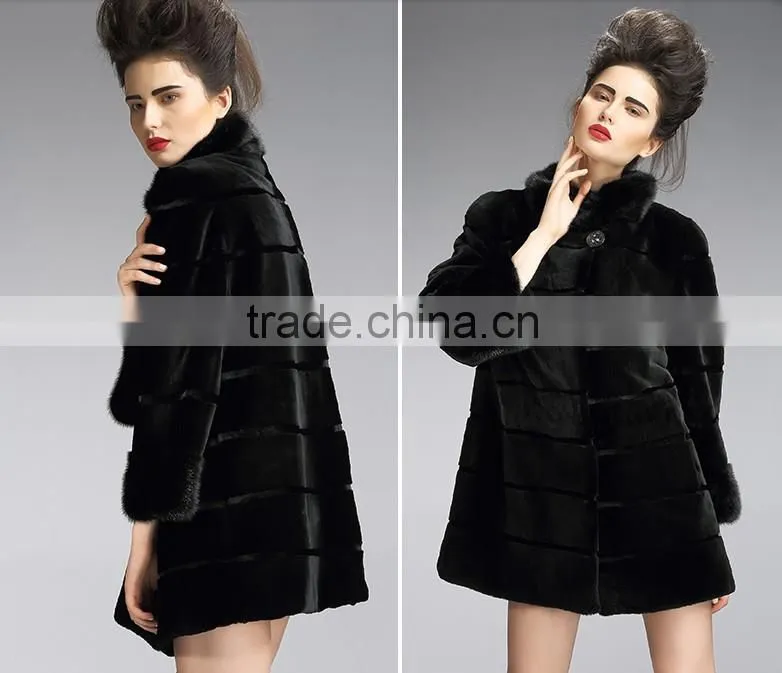 rex14048 rex rabbit fur coat with mink fur collar and cuffs black