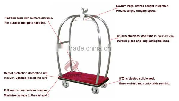 Polished Silver hotel baggage cart in china