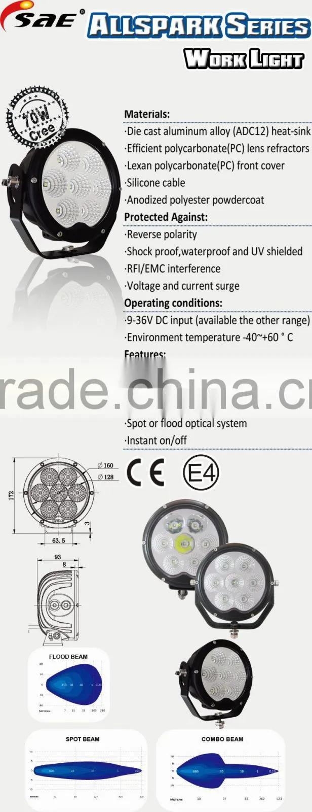 70W led work light led driving light for trucks jeep atv suv