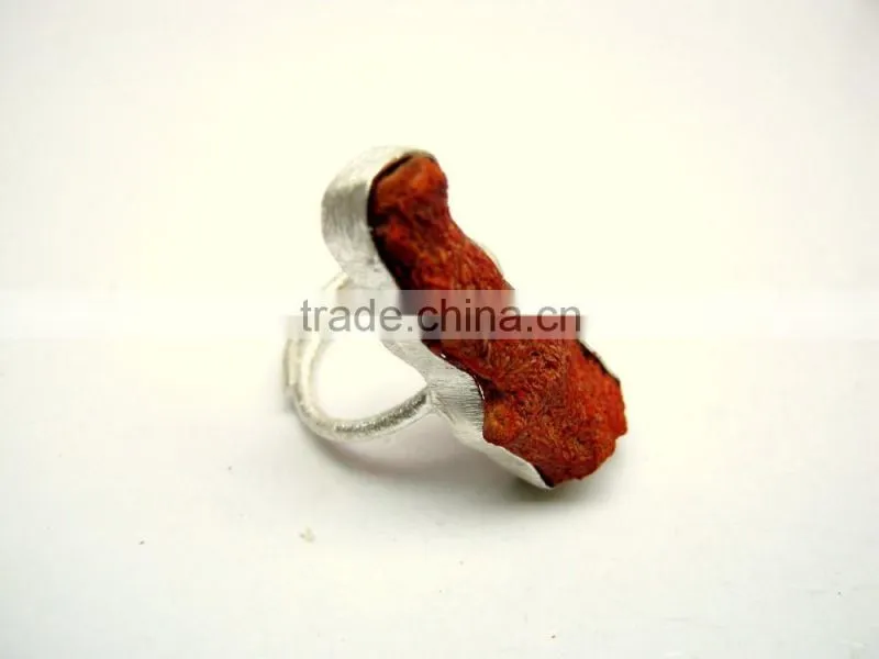 Coral Raw Natural Gemstones Ring, Matt Finish Adjustable Rings, 925 Solid Sterling Silver Coral Rings