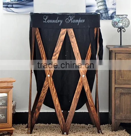 High quality round home foldable laundry storage basket with wood
