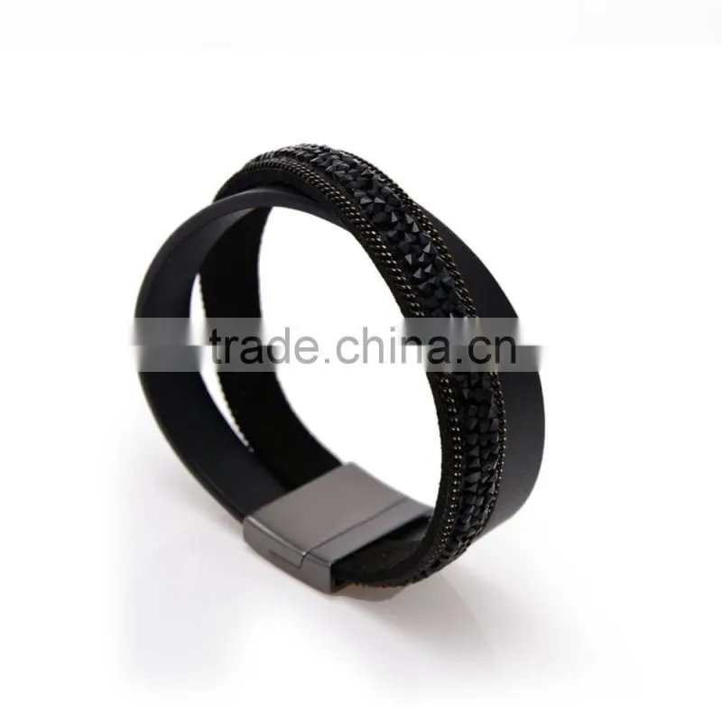 50PC Fashion Double Wrap Leather Bracelet Black Brown Crystal Leather Bangle Magnet Clasp