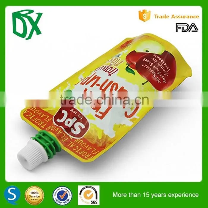 Alibaba website reusable disposable translucent flexible frozen plastic stand up spout juice bags