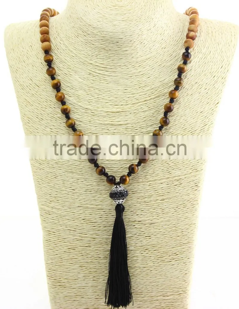 unisex women wooden beaded necklace gemstone pendant necklace with tassel