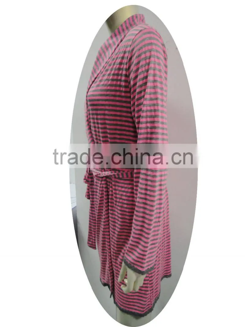 color stripe buckle fastener night-robe with lace trimming