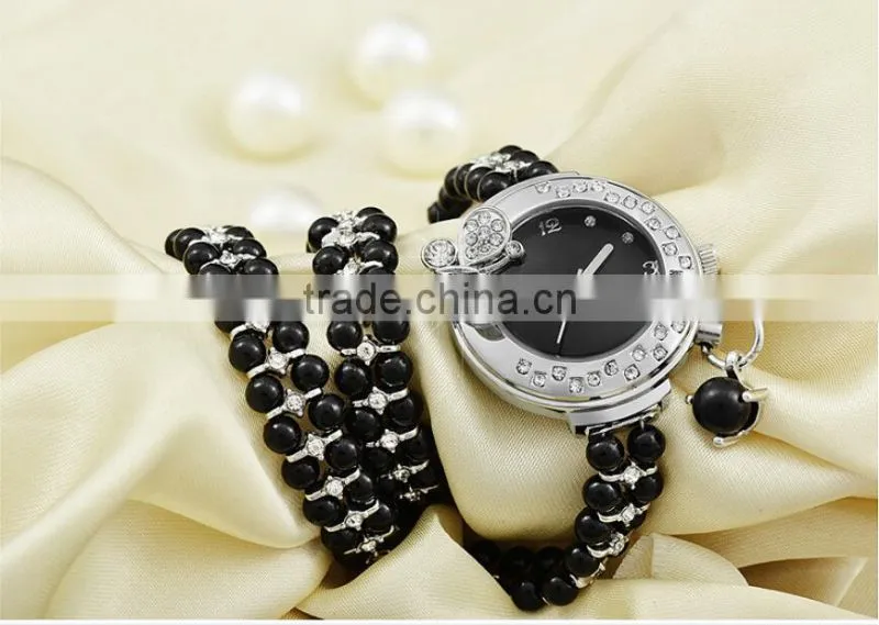 Fashin Alloy Chain Watch 2 Circles Rectangle Pearl Crystal Case Bracelet Luxury ladies Watches