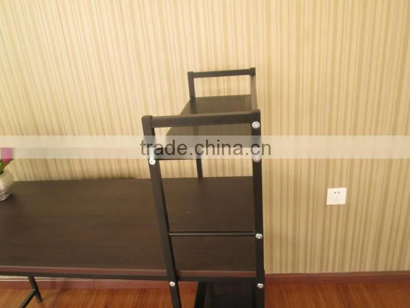 wood computer desk with 4-shelf metal bookcase