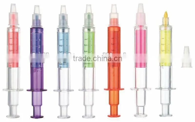 syringe shape highlighter / injection shape/needle tube shape highlighter/highlighter pen with ball penball pen with highlighter