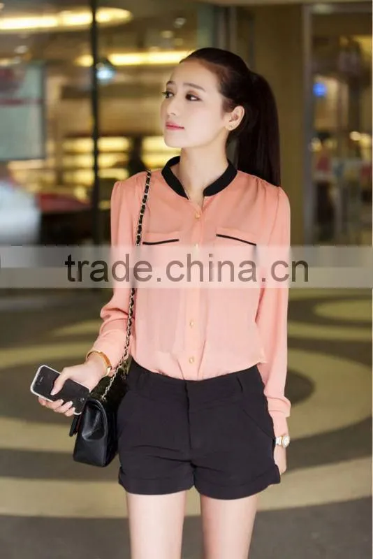 2015 Hot Sell Fashion Chiffon Blouse Stand Pockets Clothes Women Stand Collar Chiffon Blouse Long Sleeve Shirt