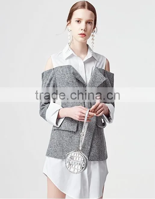 2017 new design cold shoulder long sleeve fake 2 piece shirt