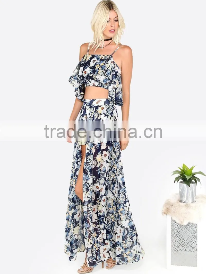 Summer fashion boho clothing latest floral print skirt blouse for ladies