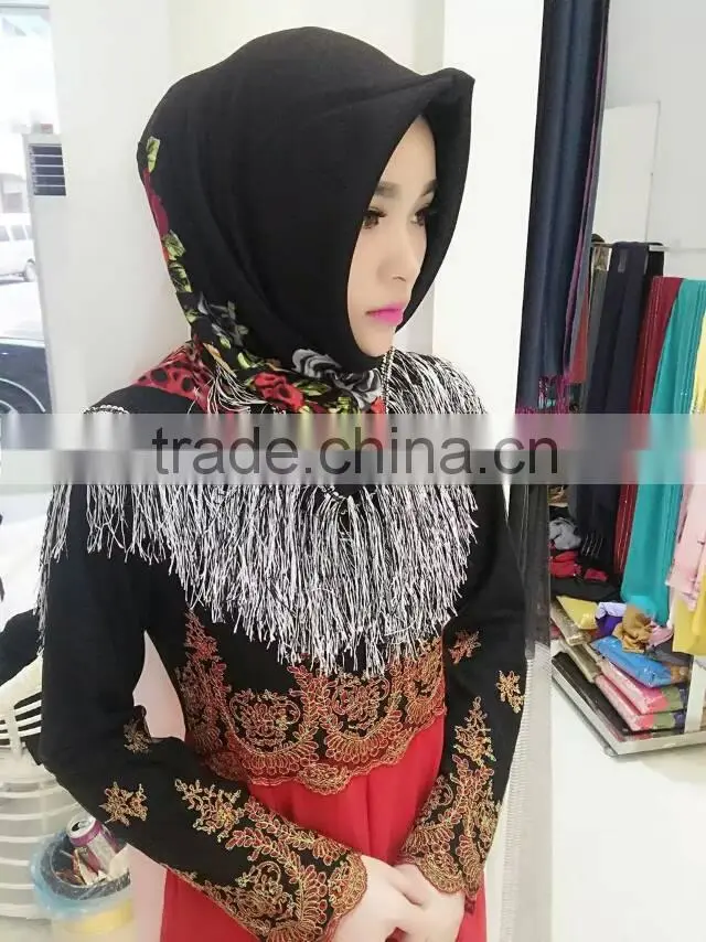fashion islamic headscarf fringer print flower french cotton muslim square scarf for women