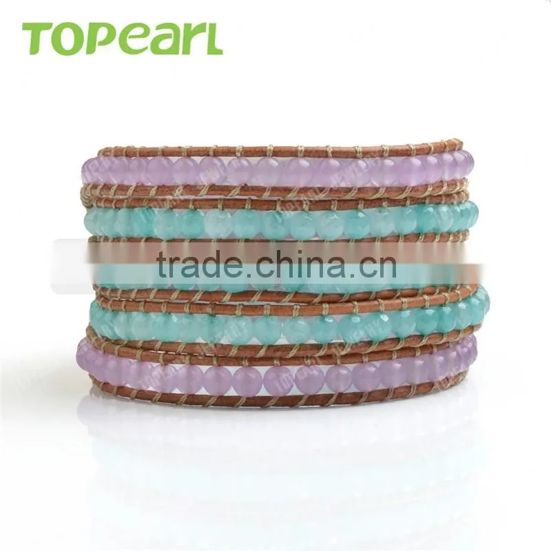 Topearl Jewelry Malaysia Jade Fashion Bracelet Woven Leather Wrap Bangle with Copper Clasp 33.5 Inches CLL140