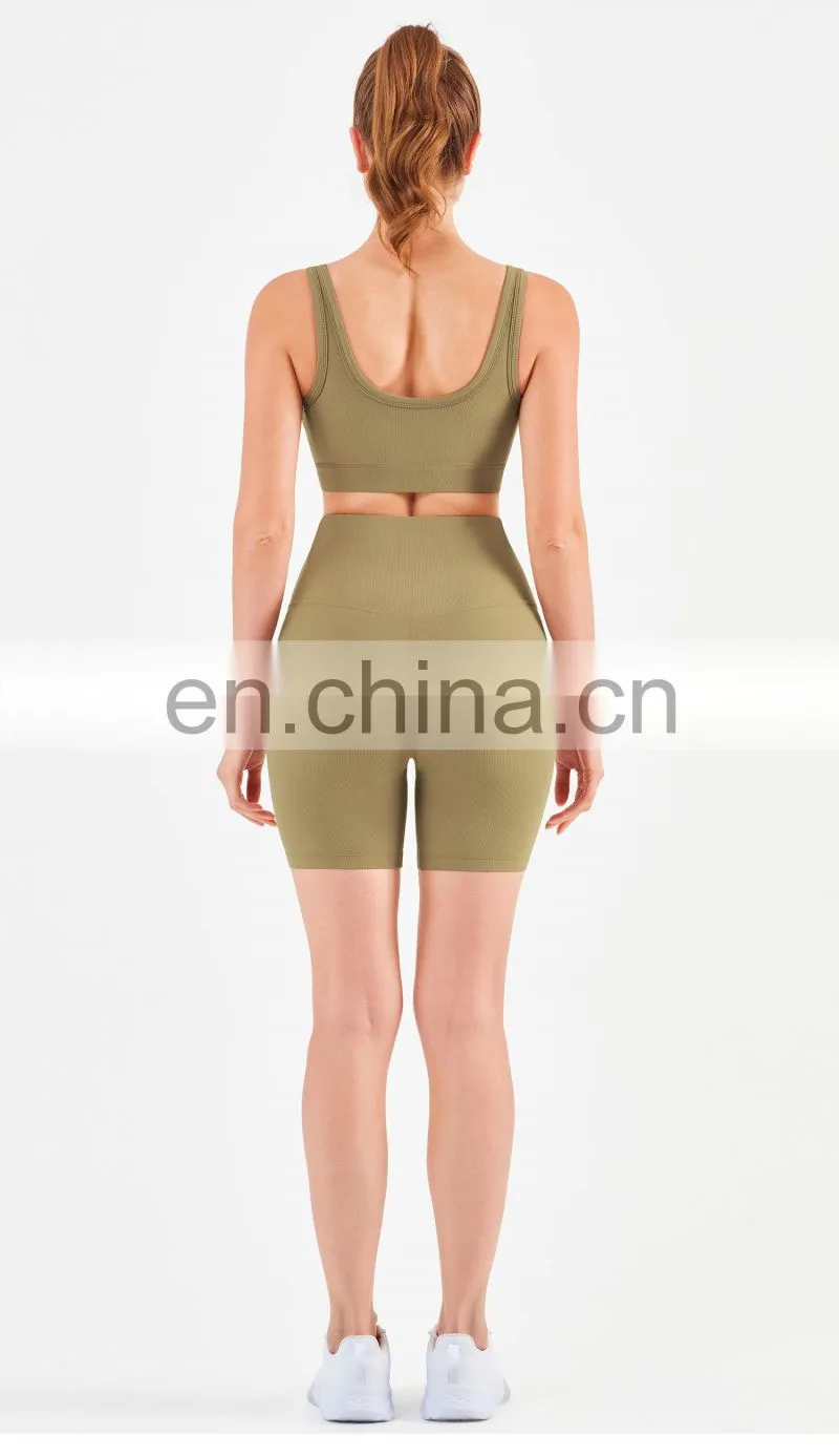 Athletic Ribbed Yoga Fitness Women Square Neckline Sports Bra Biker Shorts Set Gym