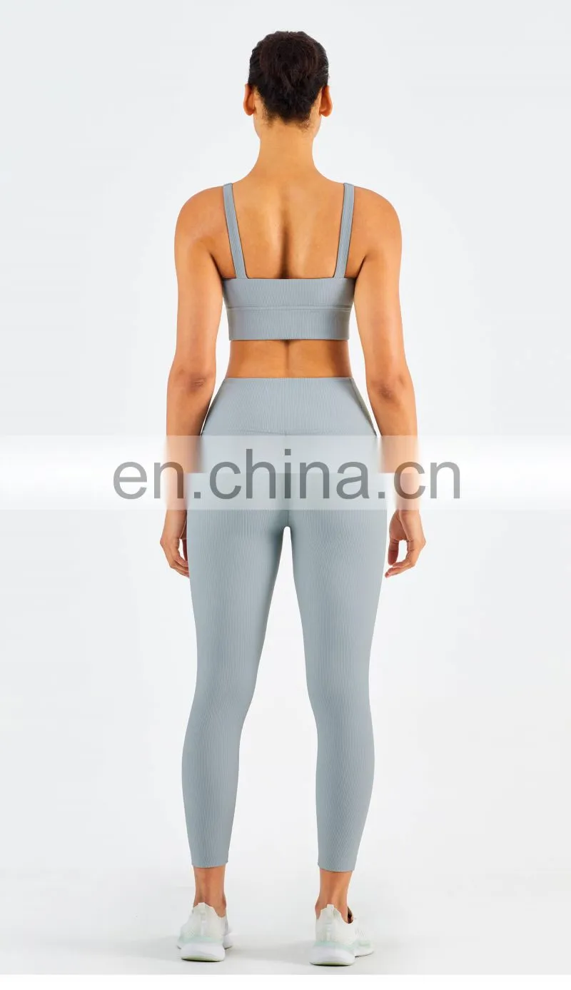 Custom Women Ribber Fabric Sport Set Girls Yoga Gymwear Wholesale Workout Set Fitness clothing