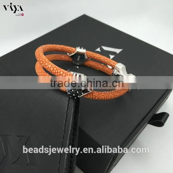 2016 Fashion Silver Plated Black Colors Genuine Leather Bracelet Custom Men Yellow Python Leather