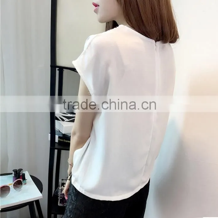Latest Short Sleeves Hollow-out Embroidery Black Chiffon Blouse 2015