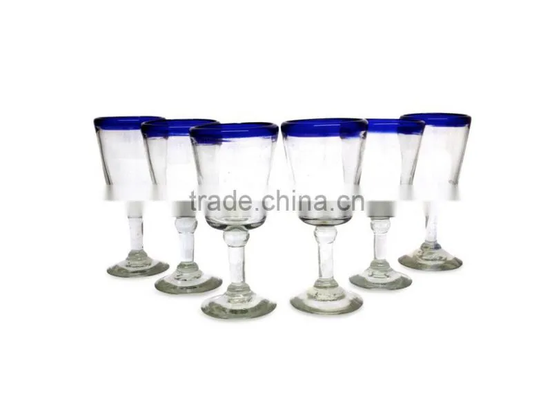 Blue rim leadfree crystal high quality thick wine glass set popular model bubble design sodalime
