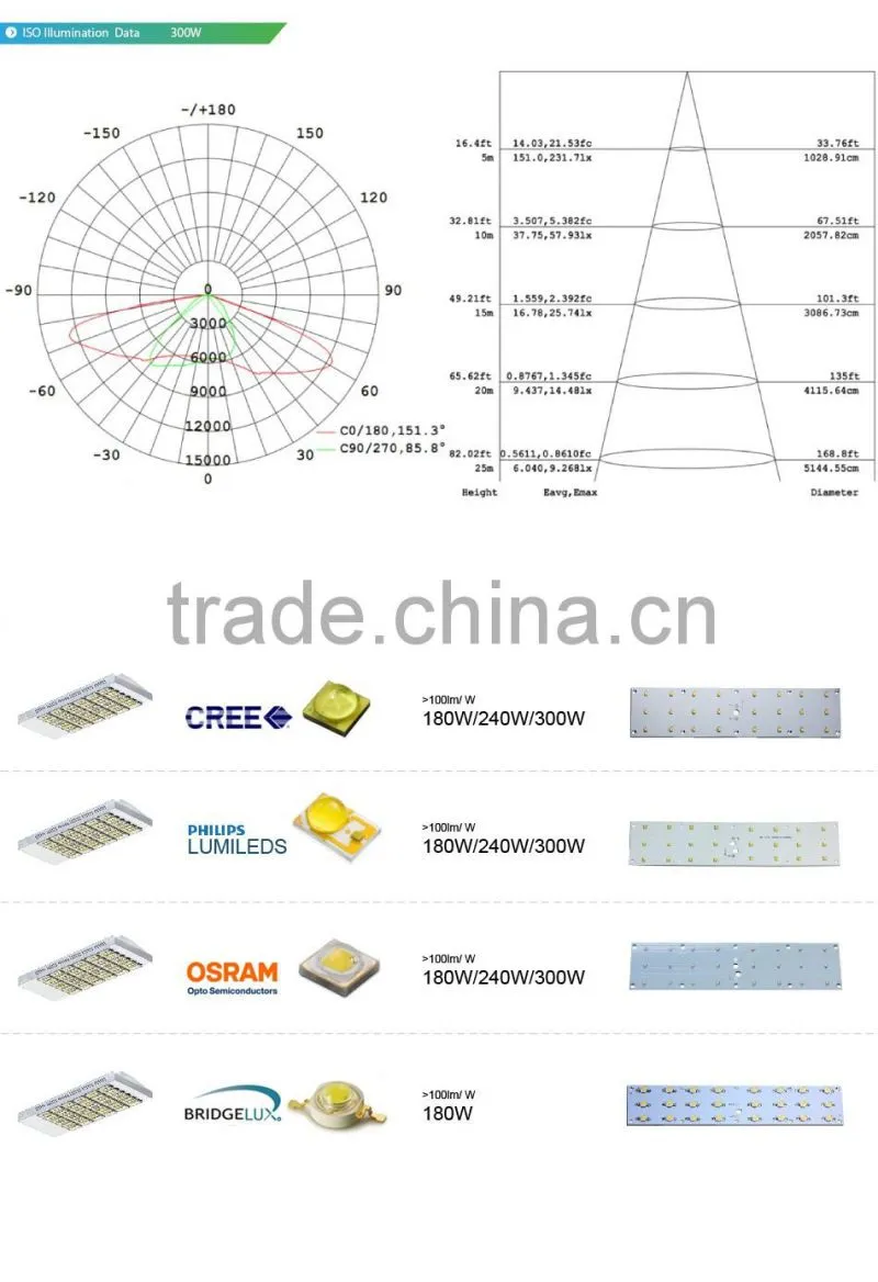 5 Years Warranty CE Rohs Approved Lens Kit for Different Beam Angle 100-140lm/W Meanwell Driver 300W LED Street Light Suppliers
