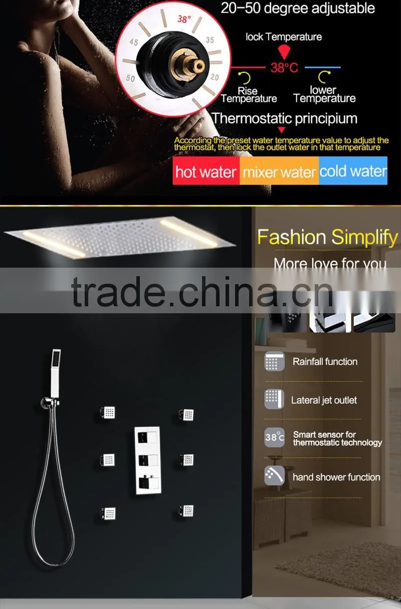 led shower complete set 3 Way in wall thermostatic shower faucet with 360*500mm electric shower + 6 pcs massage body jets