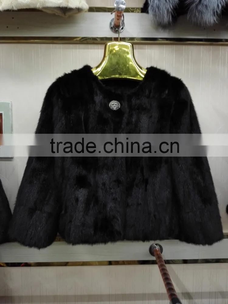 Mink fur coat with silver fox collar for women winter