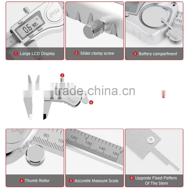 Digital Caliper, Water Resistant, Fractions, 6"/150mm, Durable Stainless Steel
