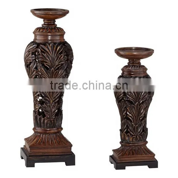 Antiqued Carved Pillar Candle Holder Set of 2 For Home Decor