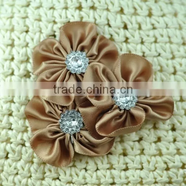 handmade satin flower with rhinestone center for kids hair accessories