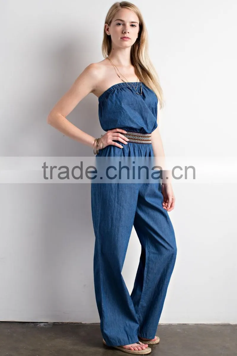 100% Cotton Solid Denim Woven Jumpsuit Elastic Waist Off Shoulder Plus Size Denim Jumpsuit Women