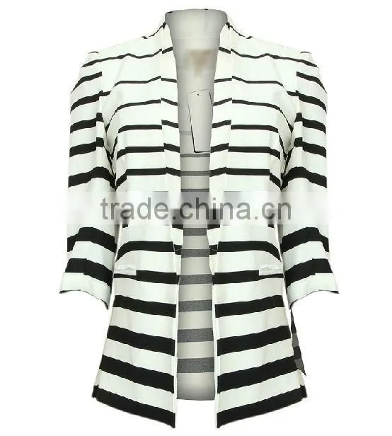 Ladies top fashion white and black striped blazer 2015 for autumn