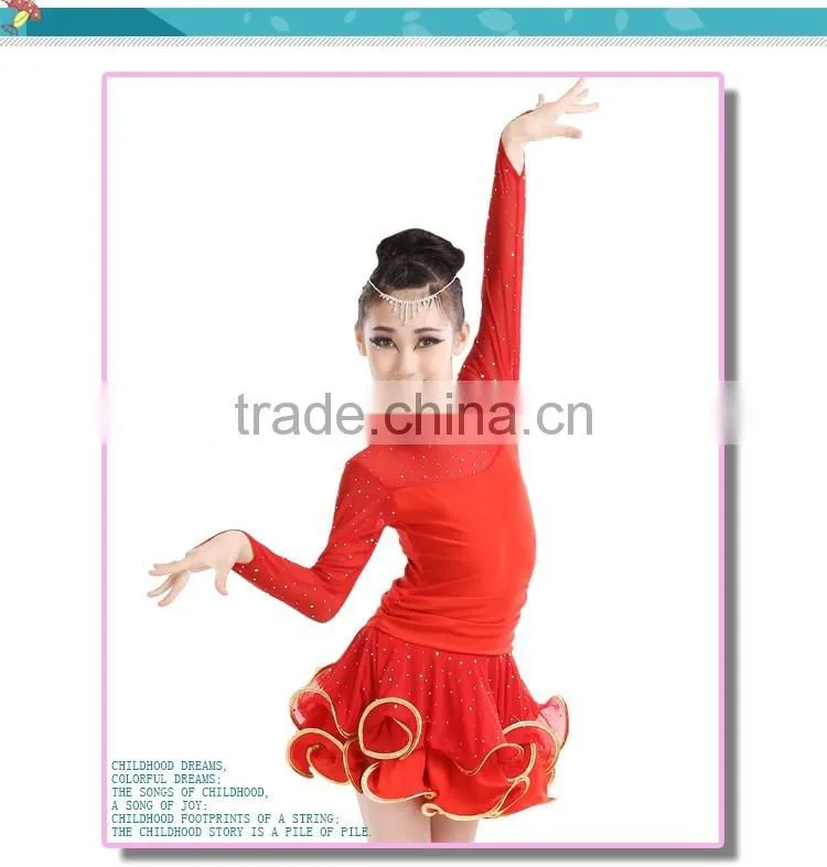 2016 New Fashion Girls High Neck Long Sleeve Performance Dress Child Kids Rhinstone Sequin Mesh Sexy Latin Dance Dress