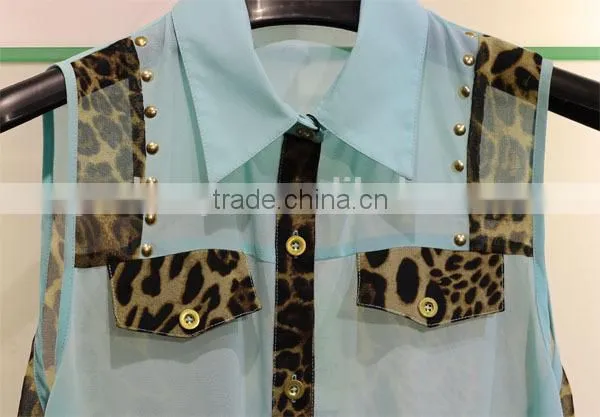 2014 design leopard printed turquoise contract chiffon blouse