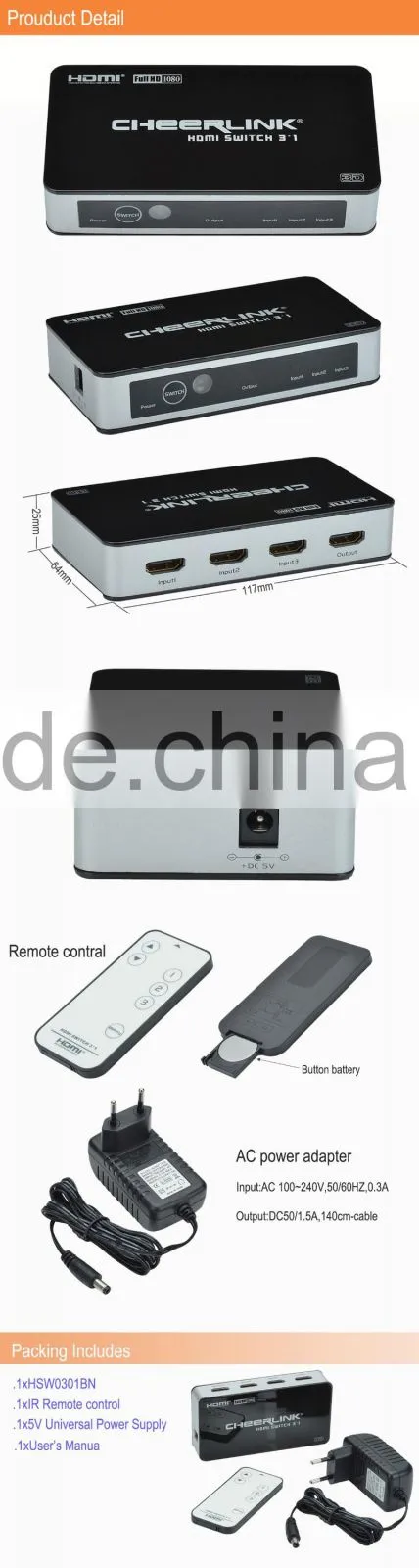 3D support Full HD 1080P HDMI Switch 3*1 / 3 port switch/IR remote control
