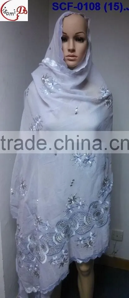 SCF -0108 white 2016 New coming design nice Muslim embroidery scarf ,shawls , pashmina shawl scarf , fashion women long scarf