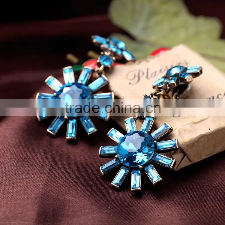 Blue gemstone sun flower earrings, wedding earrings, heavy earrings